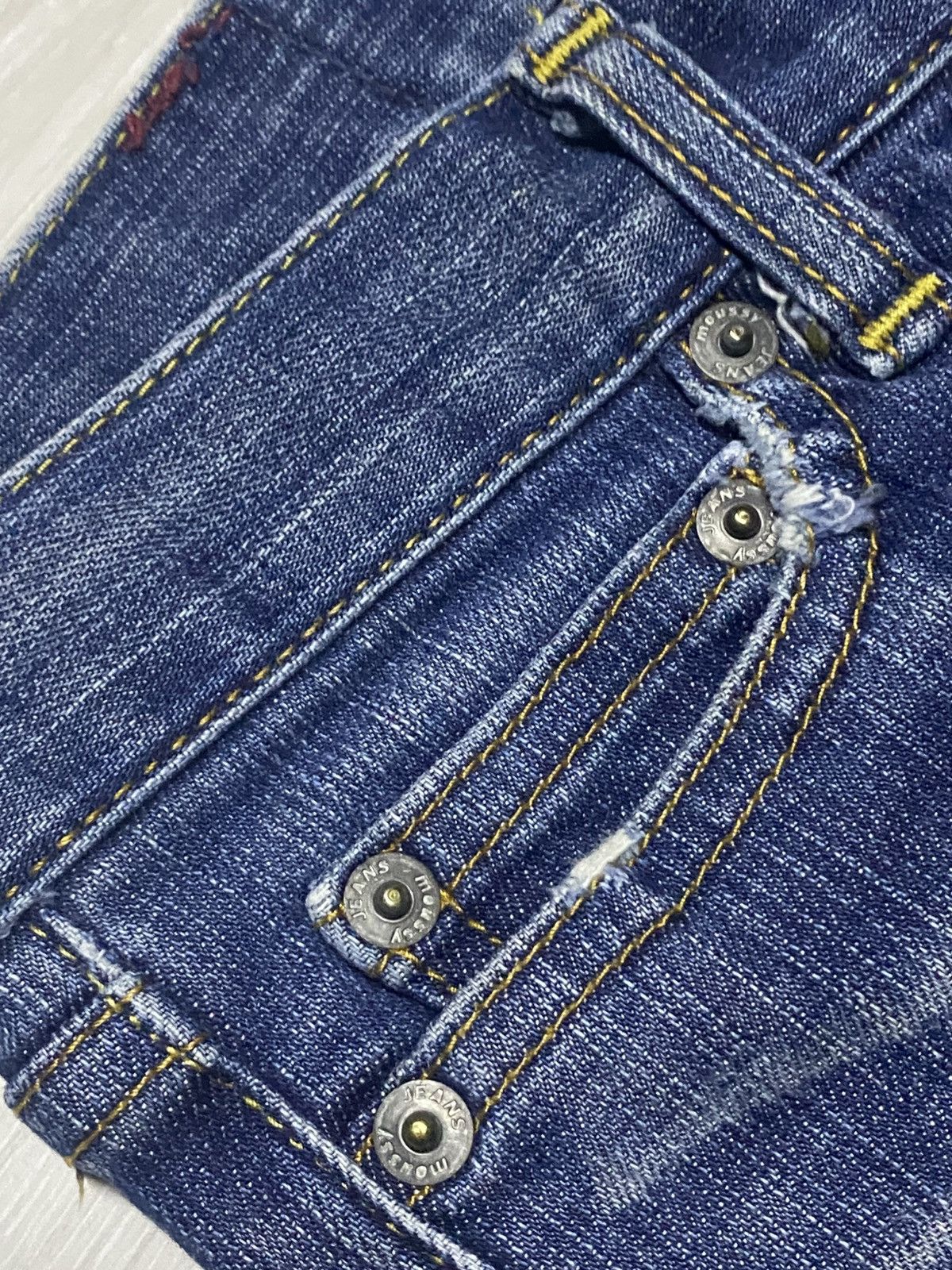 Japanese Brand Moussy Blue Wash Distressed Flare Jeans