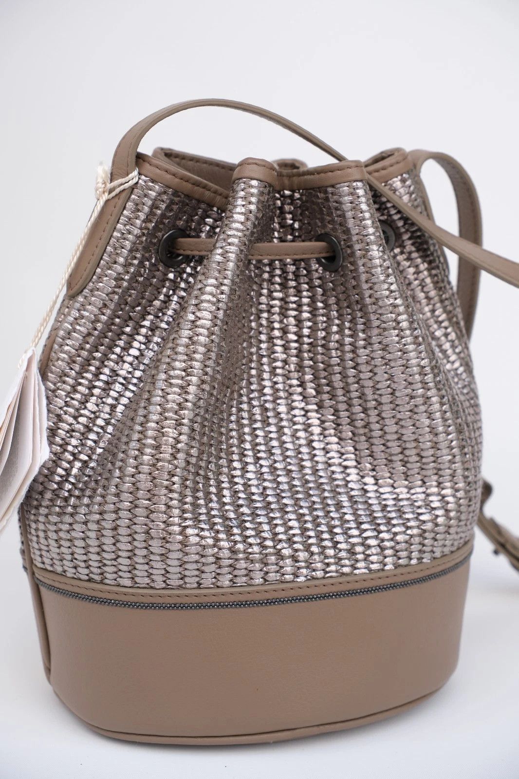 Brunello Cucinelli NEW Brunello Cucinelli Platinum Raffia & Leather Bucket Bag Size ONE SIZE - 4 Thumbnail
