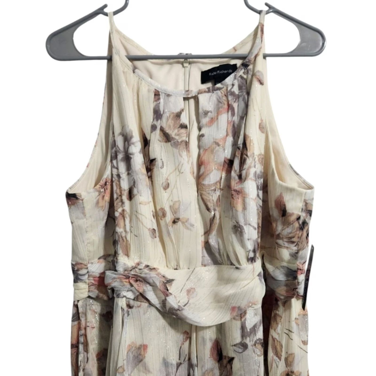 Vintage R&M Richards Womens Maxi Dress Floral Beige Lined A-Line 16 Sleeveless Tank Dress (Chiffon) ZIP - Floral Pattern - 57" Long - 100% Polyester - Regular Size XXL / US 16-18 / IT 52-54 - 3 Thumbnail