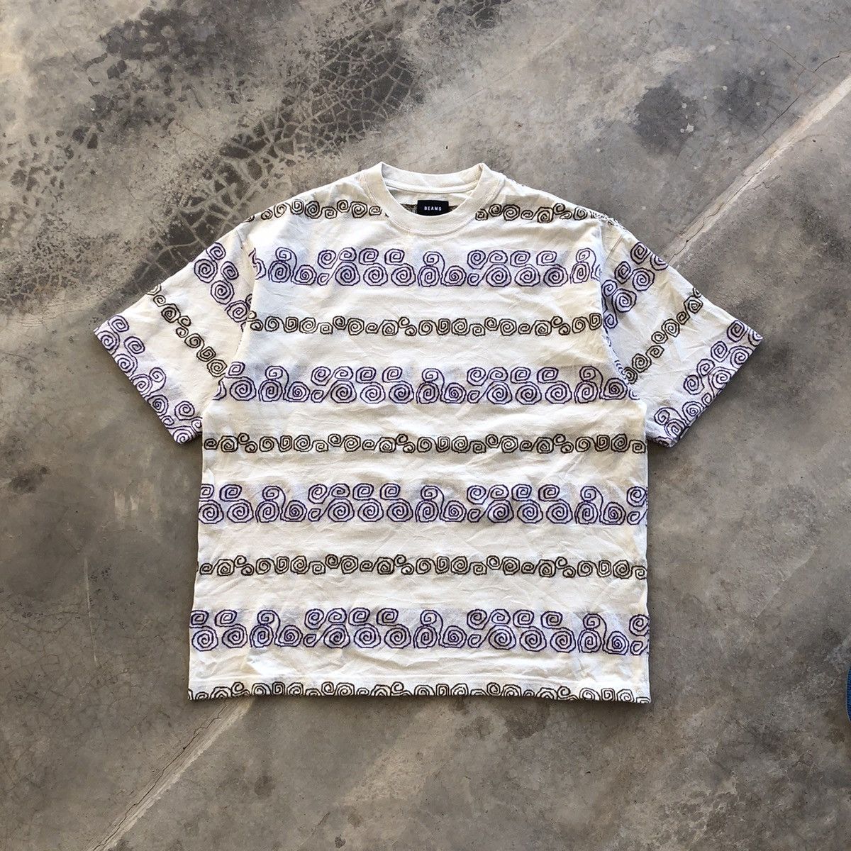 image of Beams Plus Beams Spiral Stripe Design T-Shirt in Cream, Men's (Size Medium)