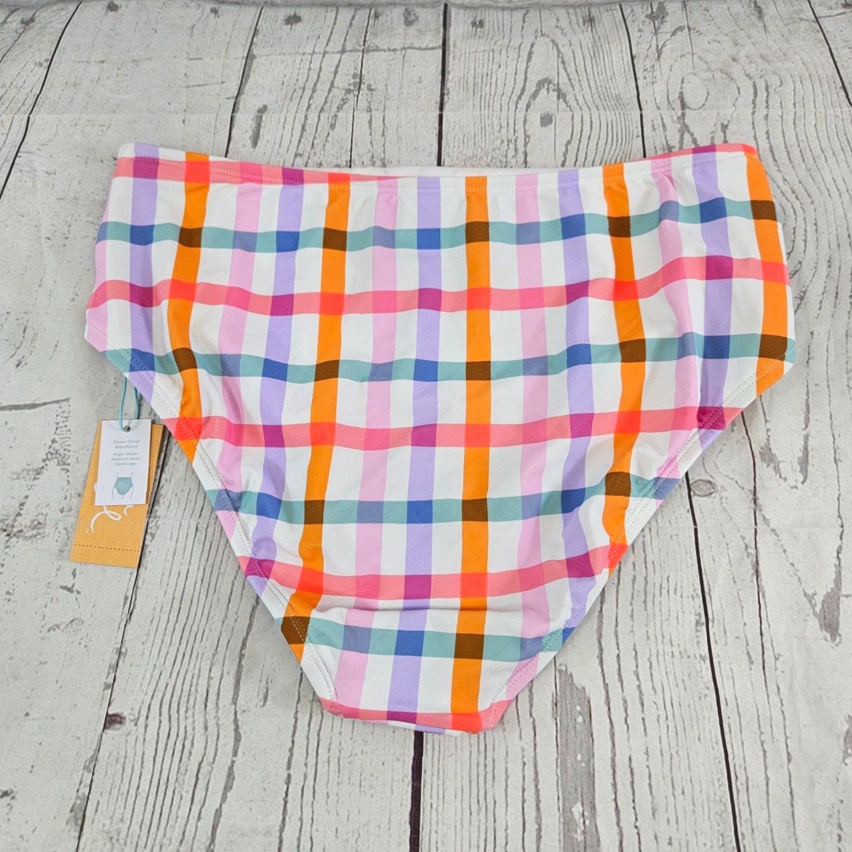 Vintage Kona Sol Womens Bikini Bottom Sz Large High Waist Plaid Pink Orange Size 36" / US 14 / IT 50 - 2 Thumbnail