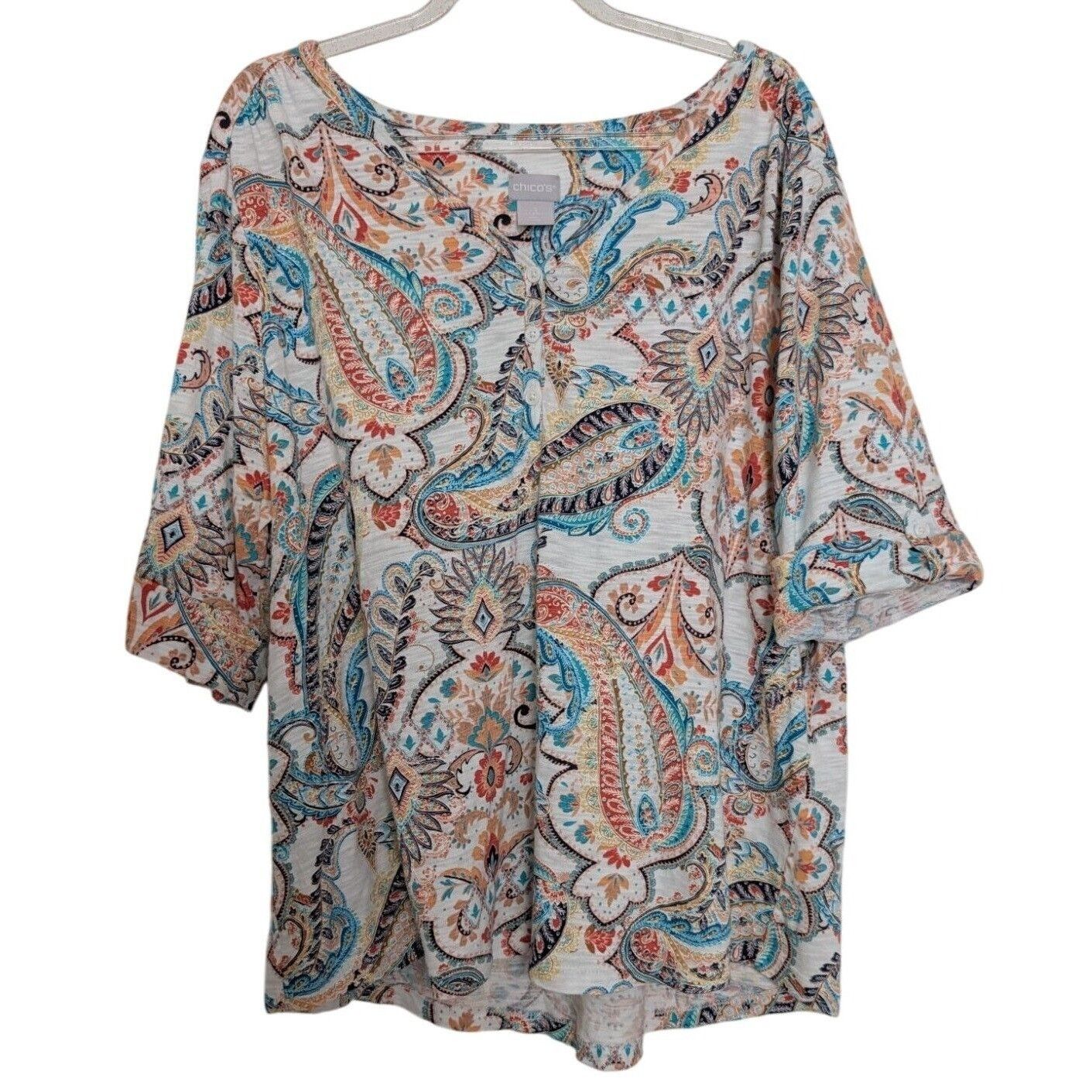 Designer Chicos 3 Paisley Boho Shirt Size XL White Cotton Modal Short Size XL / US 12-14 / IT 48-50 - 2 Thumbnail