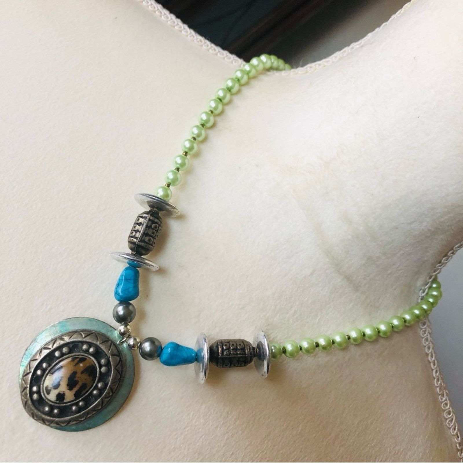 Handmade Handcrafted repurpose animal print ceramic Pearl necklace Size ONE SIZE - 1 Thumbnail