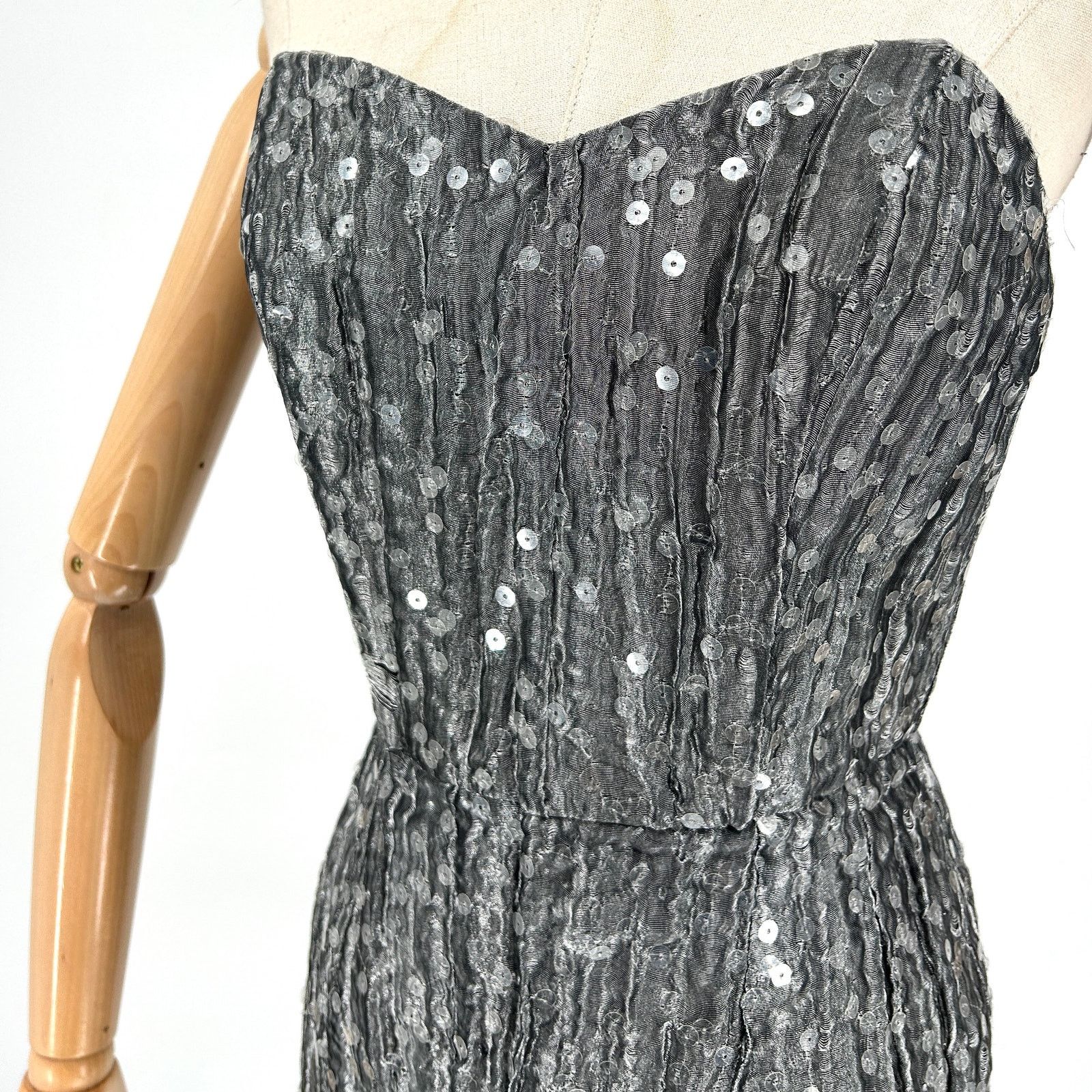Vintage 90s Jacques Azagury Silver Sequin Silk Strapless Boned Dress Size S / US 4 / IT 40 - 2 Thumbnail