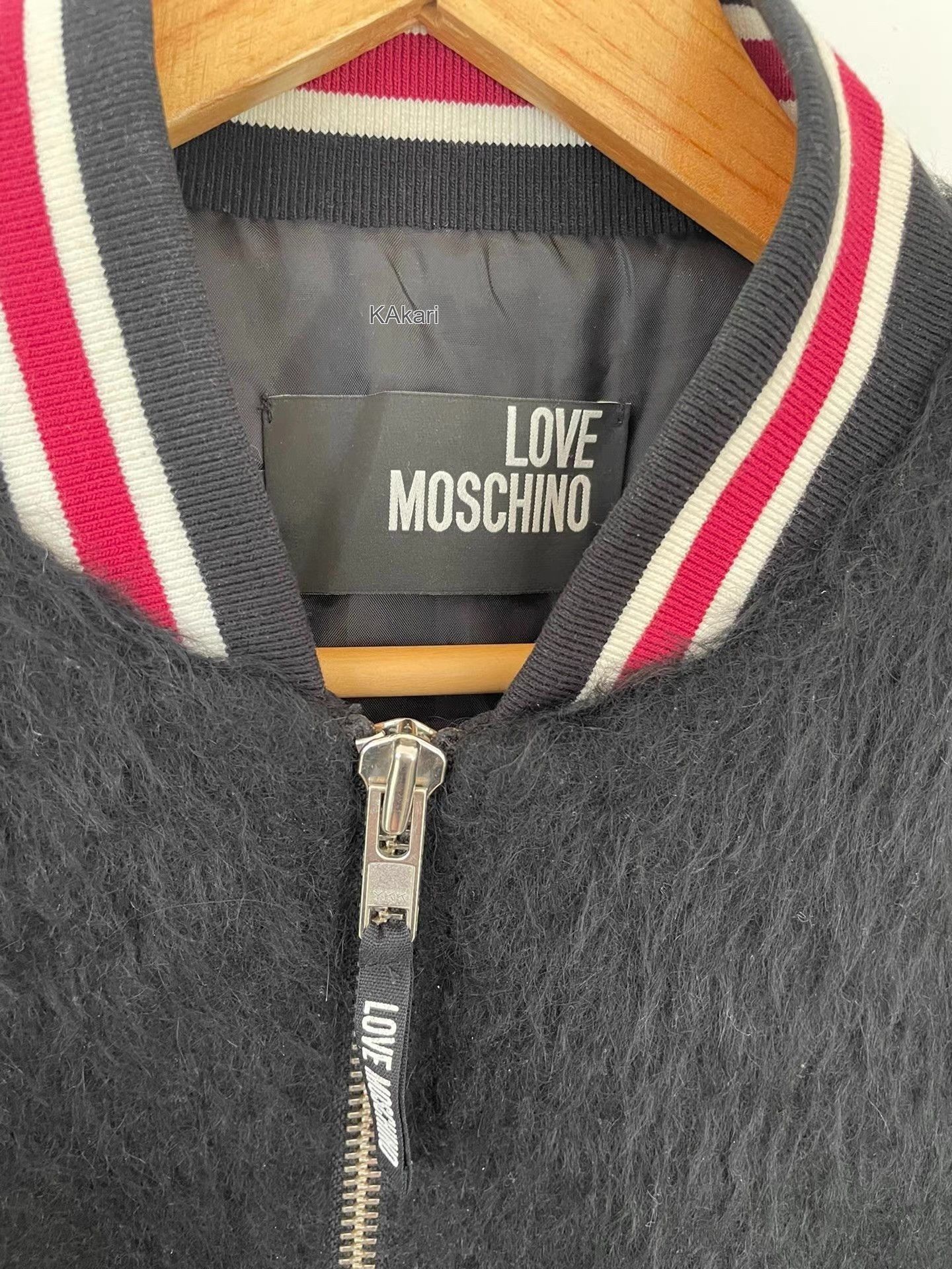 Moschino Black Fuzzy er Jacket with Striped Trim Size US M / EU 48-50 / 2 - 4 Thumbnail
