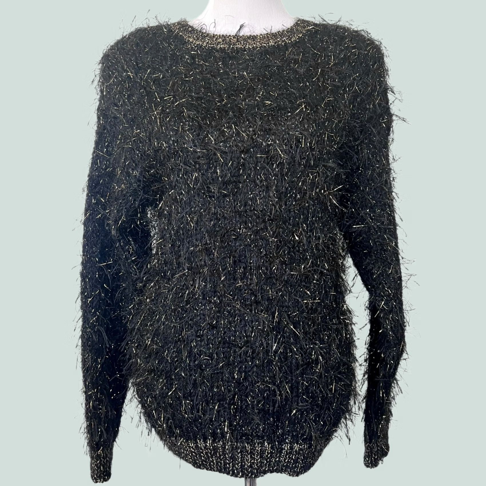 Vintage VINTAGE Lilly of California Sweater Black w/ Gold Eyelash Wool Blend Women’s L Crew Neck Long Sleeve Pullover 80s 90s Shaggy Fuzzy Designer Womens Size L / US 10 / IT 46 - 1 Thumbnail