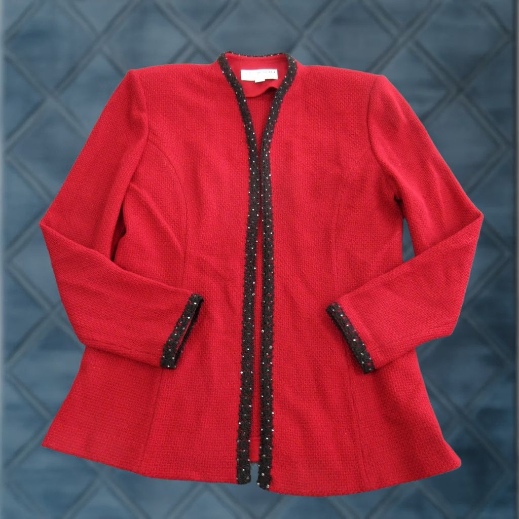 St. John St John Evening Blazer Womens 8 Red Knit Beaded Trim Open Front Wool Jacket Blazer Size M / US 6-8 / IT 42-44 - 1 Thumbnail