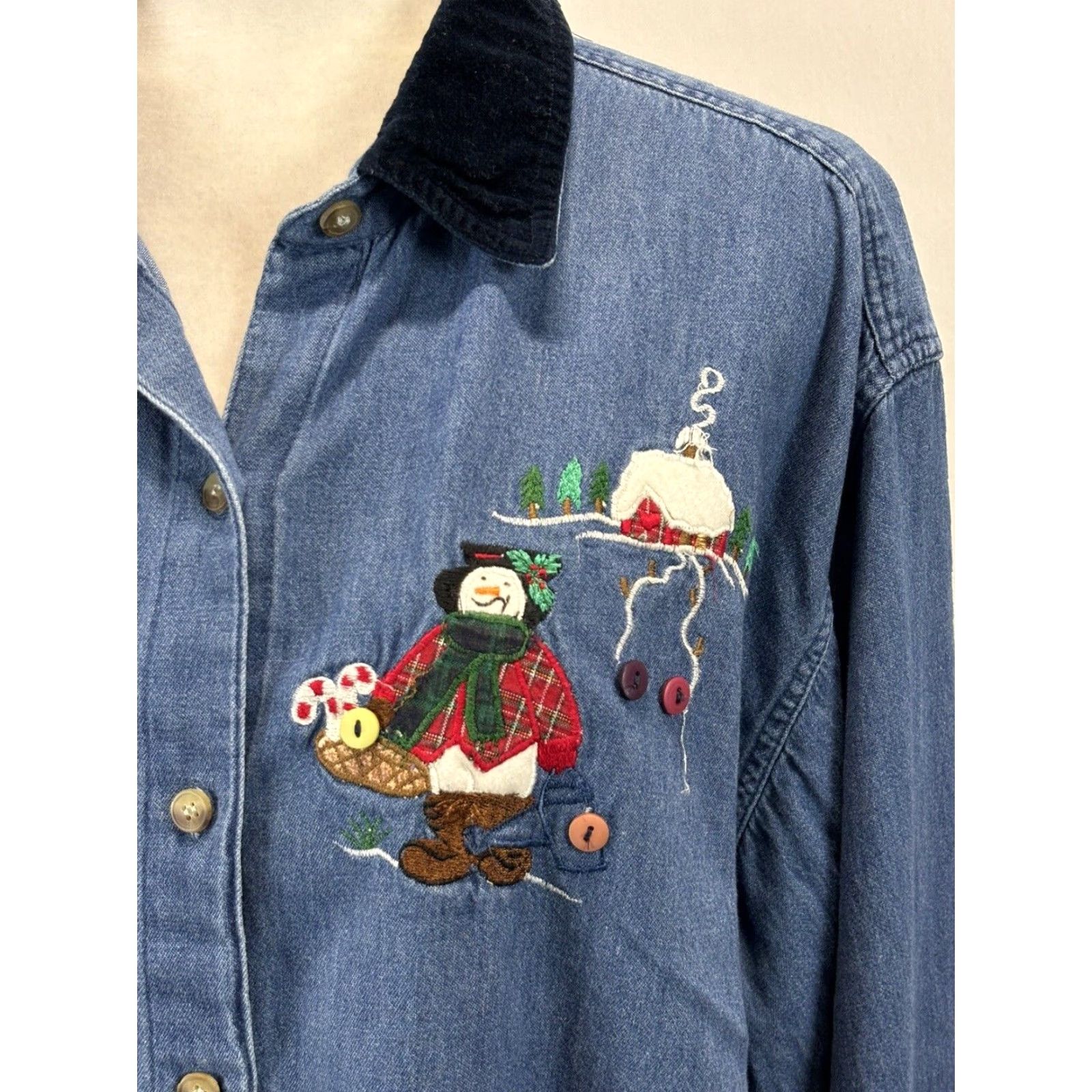 Vintage VINTAGE Studio Collection Denim Christmas Shirt 2X Plus Blue Velvet Collar 90s Womens Size XXL / US 16-18 / IT 52-54 - 6 Thumbnail