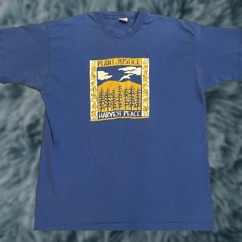 Vintage VINTAGE Plant Justice Harvest Peace Faded Shirt XL Hippie 80s 90s Blue Single Stitch T-Shirt Men Graphic Tee Size US XL / EU 56 / 4 - 1 Thumbnail