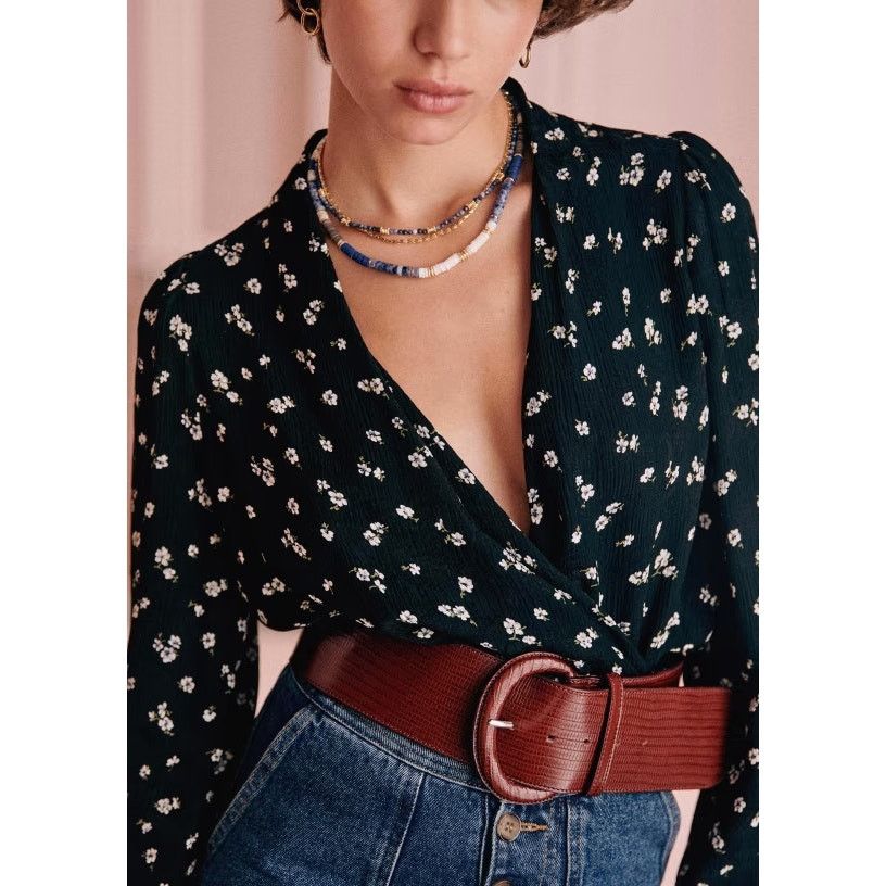 Sezane Sezane ABÉLIA WRAP BLOUSE two toned jacquard Black Floral Size XS / US 0-2 / IT 36-38 - 1 Thumbnail