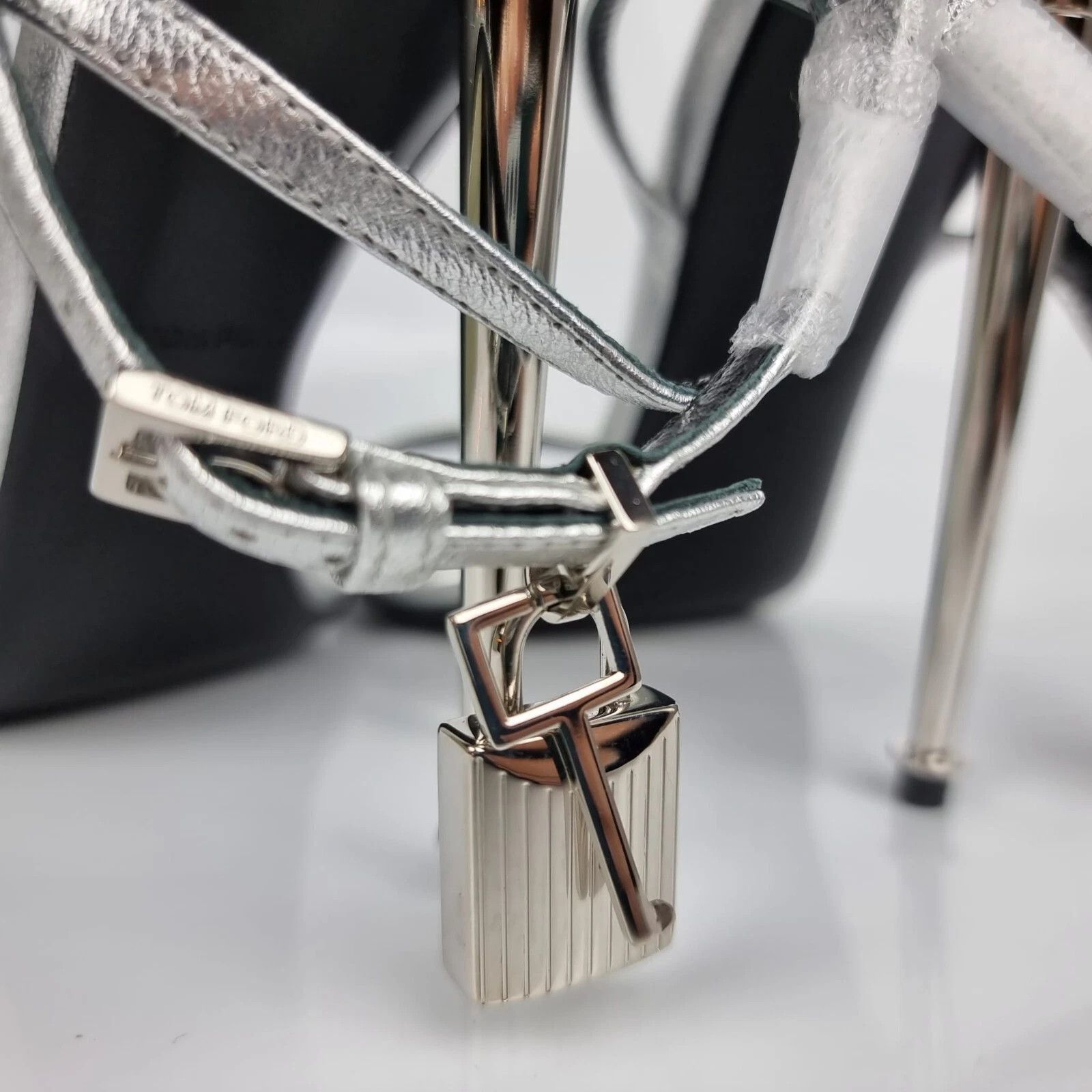 Tom Ford TOM FORD Padlock Silver Laminated Leather 105mm Sandals Size US 7 / IT 37 - 8 Thumbnail
