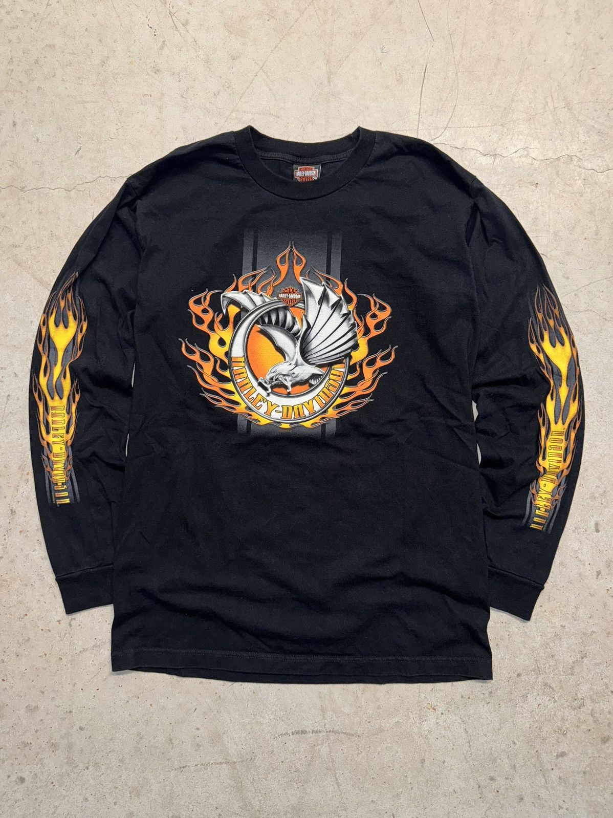 00'S Harley-Davidson Fire Pattern Long Sleeve T-Shirt Made in USA Men's L size /eaa511325