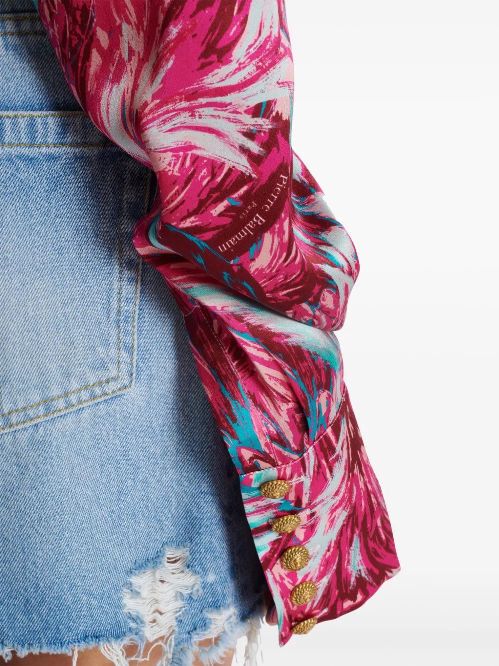 Balmain o1s1wg110825 Feather Print Silk Blouse in Pink/Blue Size S / US 4 / IT 40 - 7 Thumbnail