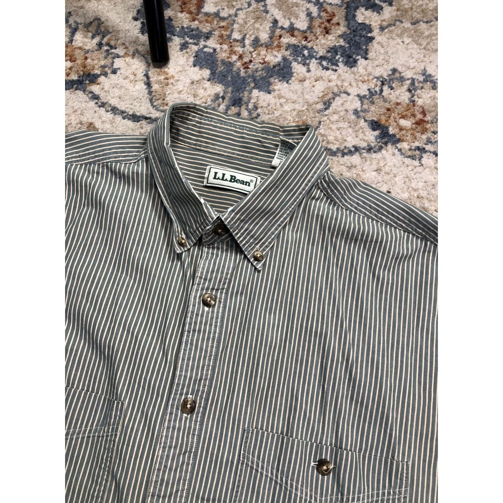 Vintage L.L.Bean Shirt Mens Large Green White Stripe Long Sleeve Button Down Cotton Size US L / EU 52-54 / 3 - 7 Thumbnail