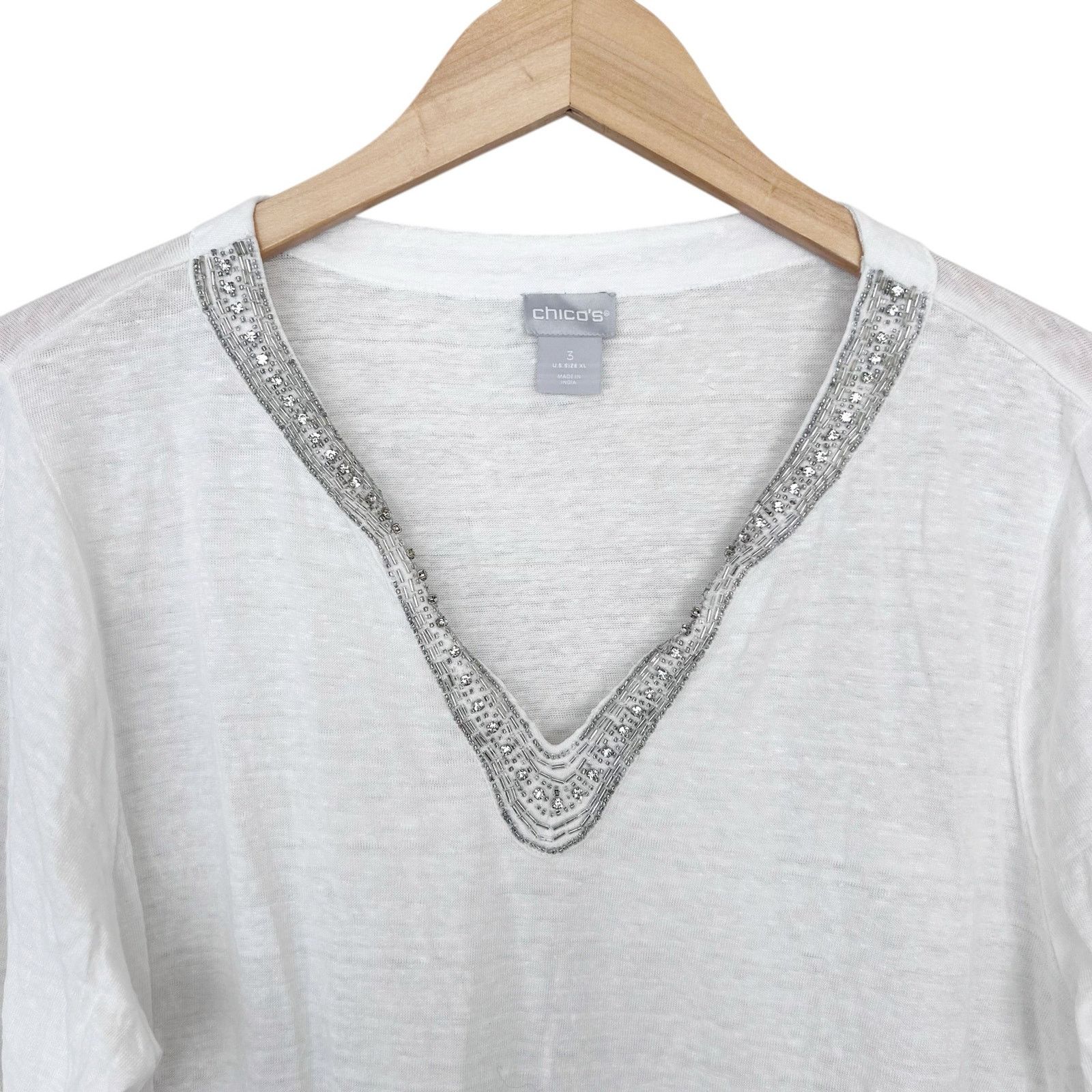 Chicos Chicos Beaded 100% Linen Split Neck Long Sleeve Shirt XL Size XL / US 12-14 / IT 48-50 - 2 Thumbnail