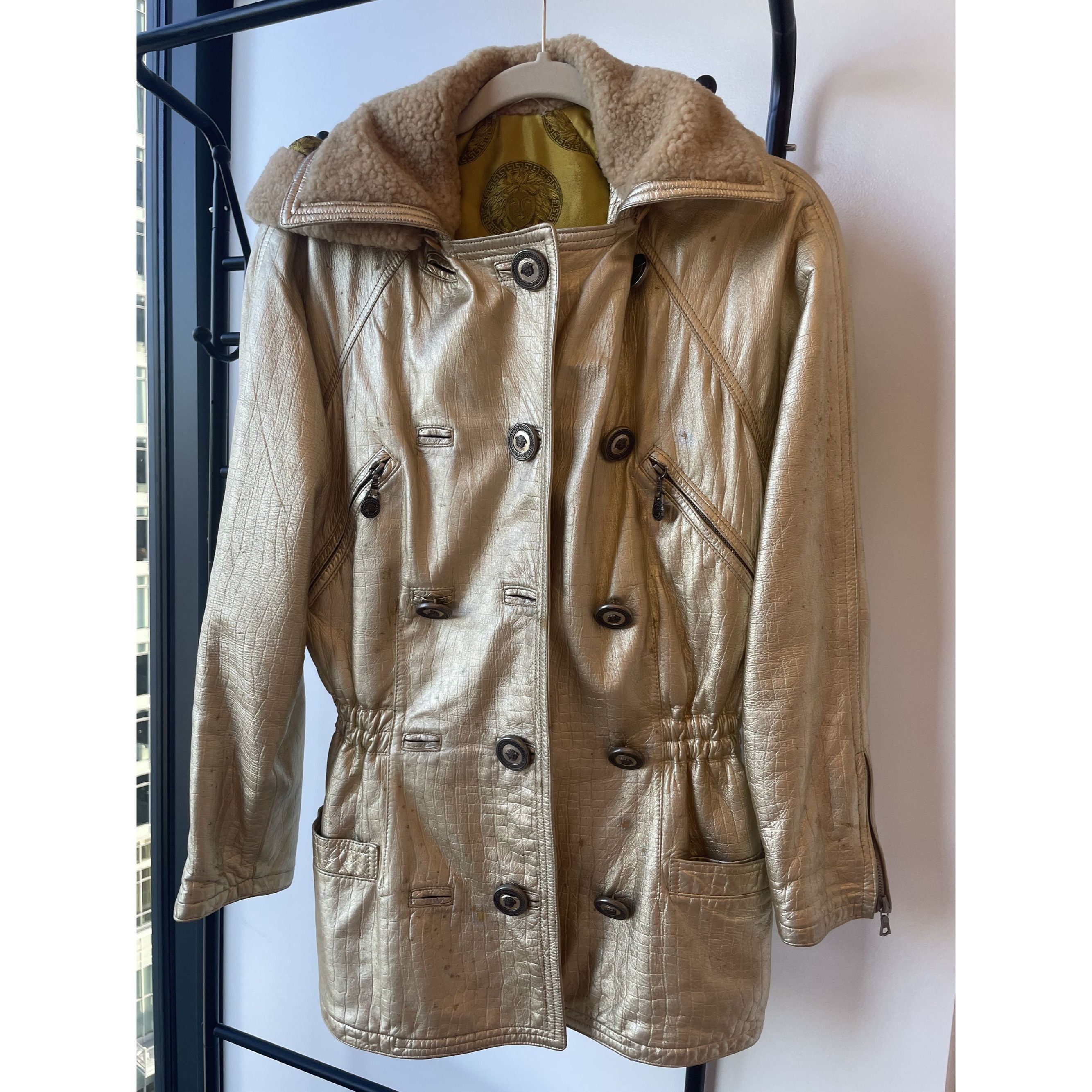 Vintage Gold Metallic Hooded Leather Jacket Womens