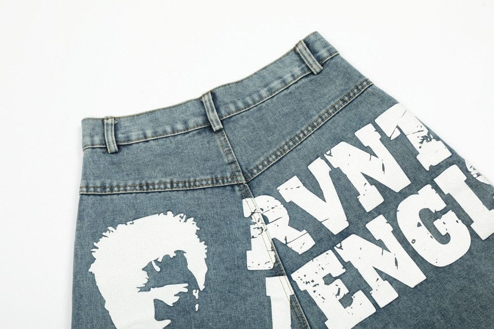 Jean Men's loose distressed washed letters printed scimitar jeans Size US 32 / EU 48 - 3 Thumbnail