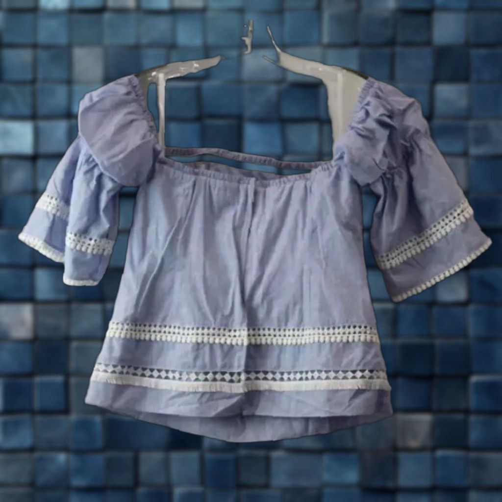 White House Black Market WHBM Blouse Off the Shoulder Cropped Size 6 Blue White Eyelet Trim Womens Size M / US 6-8 / IT 42-44 - 1 Thumbnail