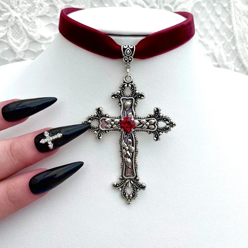 Other Vintage Gothic Large Cross Red Velvet Choker Necklace Size ONE SIZE - 2 Thumbnail