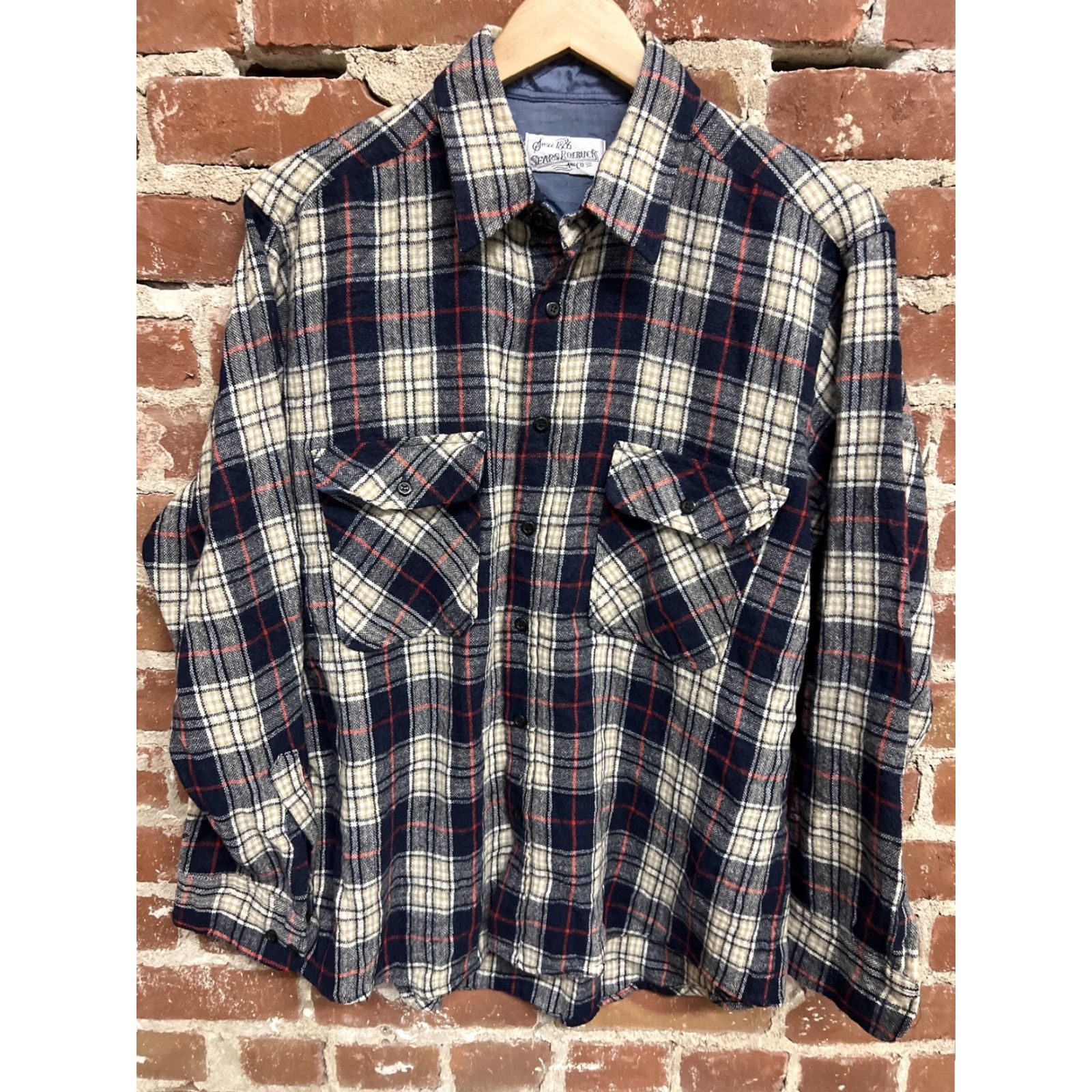 Sears VINTAGE Roebuck & Co. Button-Up Shirt Men L Plaid Brown Cotton Flannel Collared Long Sleeve Cowboy Western Ranch Rodeo Rockabilly Size US L / EU 52-54 / 3 - 2 Thumbnail