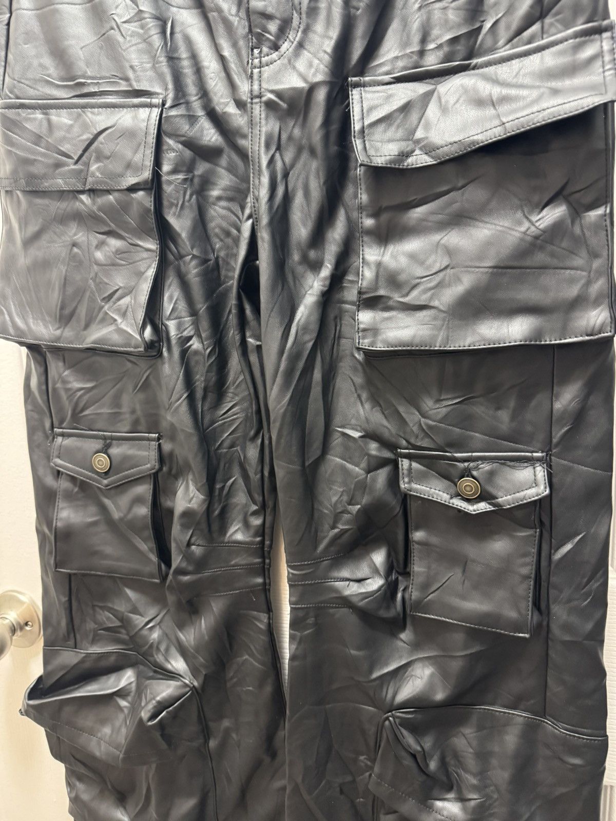 Fashion Nova Fashion Nova Black Leather Cargo Pocket Pants Avant Garde Size US 30 / EU 46 - 4 Thumbnail