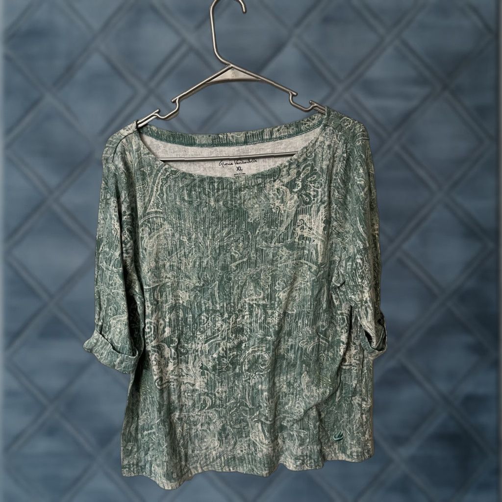 Gloria Vanderbilt Gloria Vanderbilt Womens Knit Top XL Green Floral Geometric Cotton Blend Knit Top Blouse 3/4 Sleeve Boat Neck Pullover Casual Office Size XL / US 12-14 / IT 48-50 - 1 Thumbnail