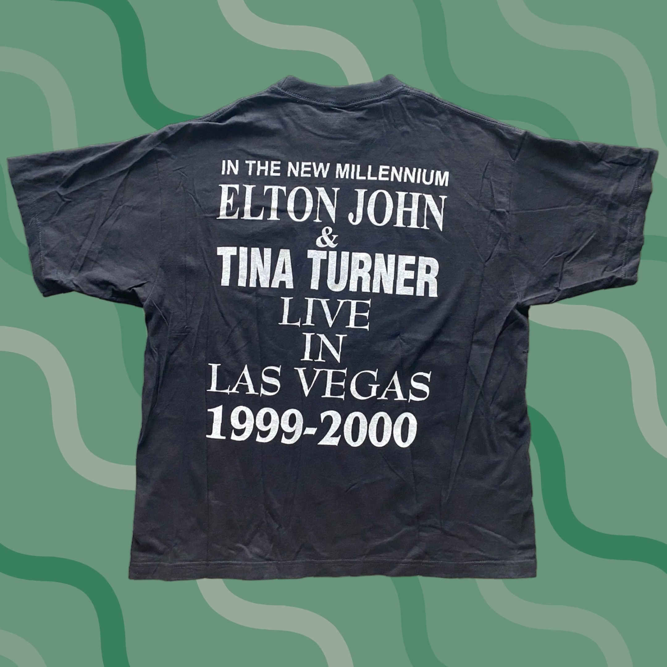 VINTAGE Samrat T-Shirt Live In Vegas 1999-2000 Tina Turner Elton John Men’s XL Black Short Sleeve Shirt Mus ic 90s Mens