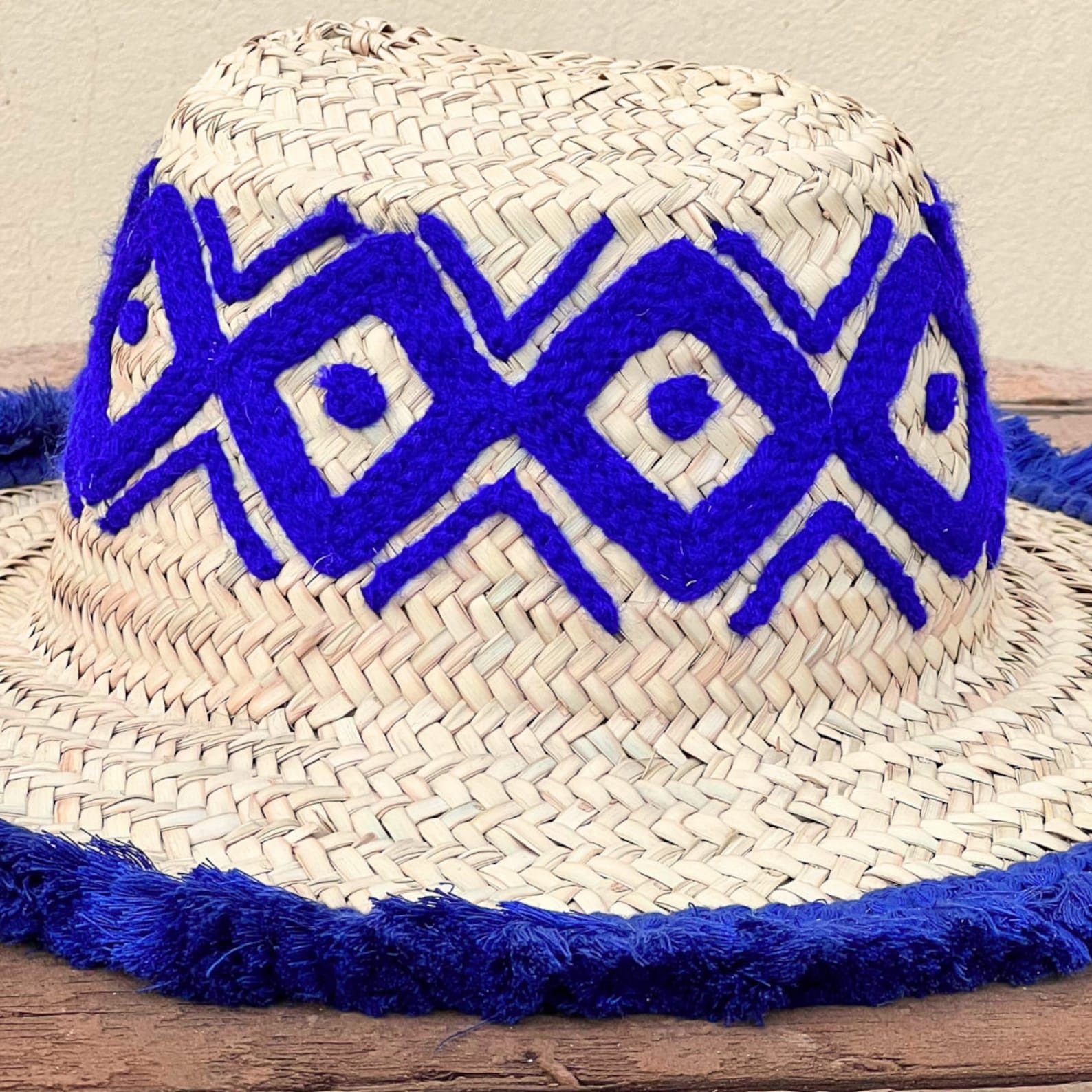 Vintage Moroccan Handmade Blue Patterned Straw Hat Size ONE SIZE - 5 Thumbnail