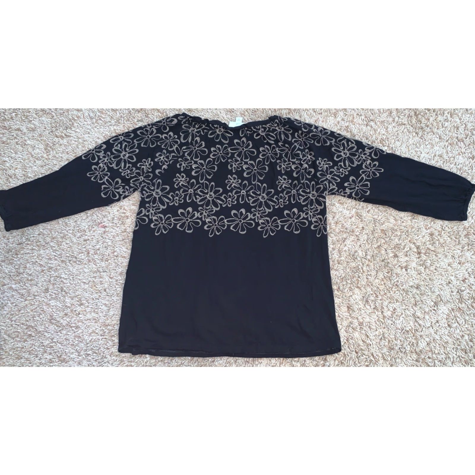 J. Jill J Jill Shirt XS Black Embroidered Floral 3/4 Sleeve Button Pullover Blouse Size XS / US 0-2 / IT 36-38 - 8 Thumbnail