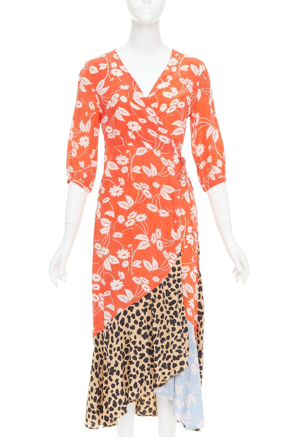 RIXO RIXO Noleen 100% silk coral red leopard floral print patchwork wrap dress S Size S / US 4 / IT 40 - 1 Thumbnail
