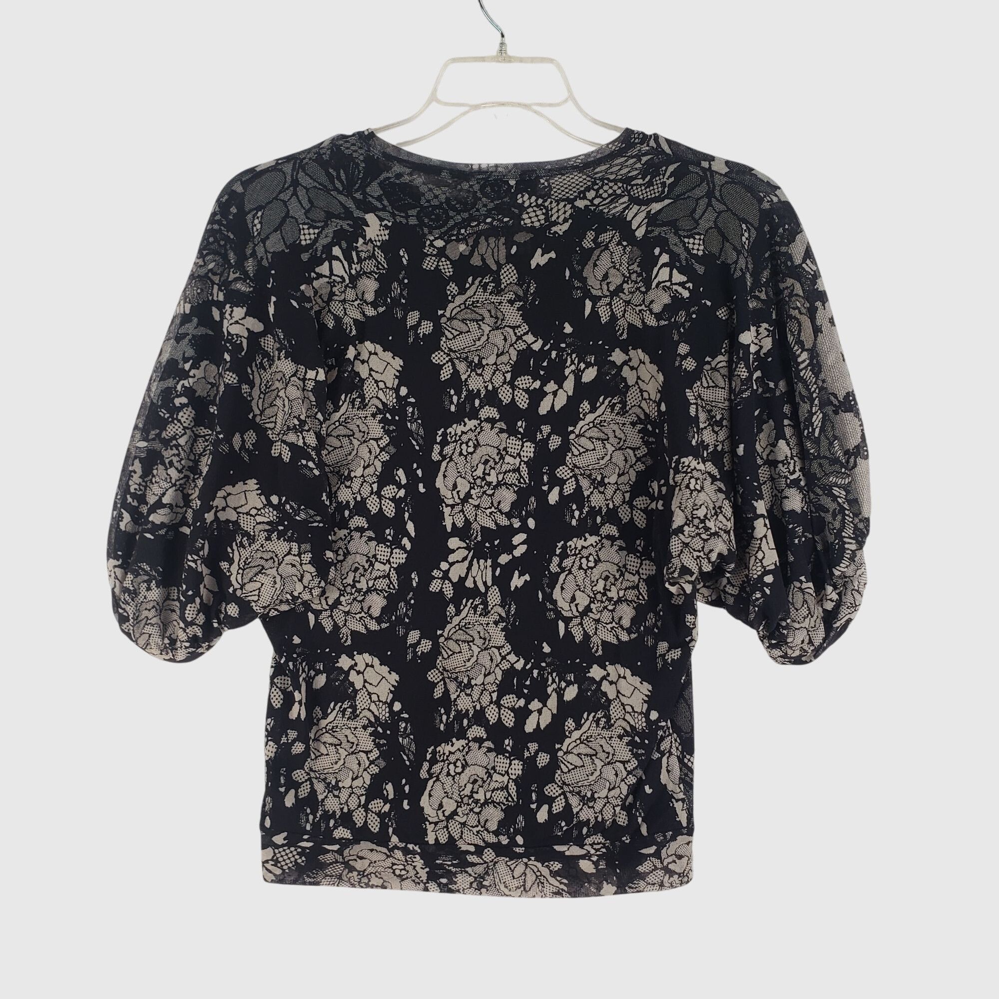 FUZZI FUZZI Italy Floral Mesh Top Black Beige Puff Sleeve Blouse Size M / US 6-8 / IT 42-44 - 2 Thumbnail