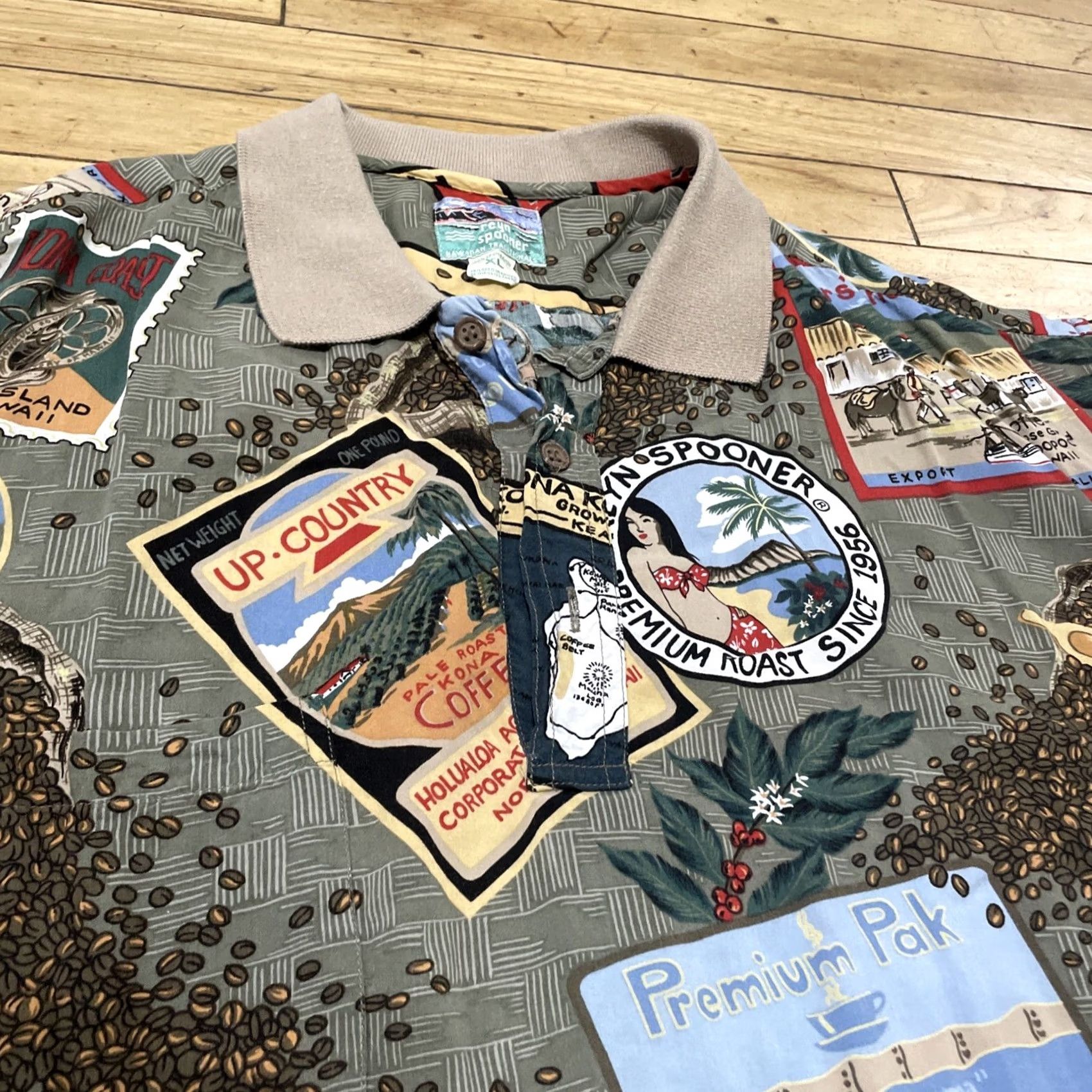 Reyn Spooner REYN SPOONER Polo Shirt Men Xl Hawaiian Coffee Roast Print Vintage Spun Rayon Button-Up Short Sleeve 52 in Chest Brown Size US XL / EU 56 / 4 - 5 Thumbnail