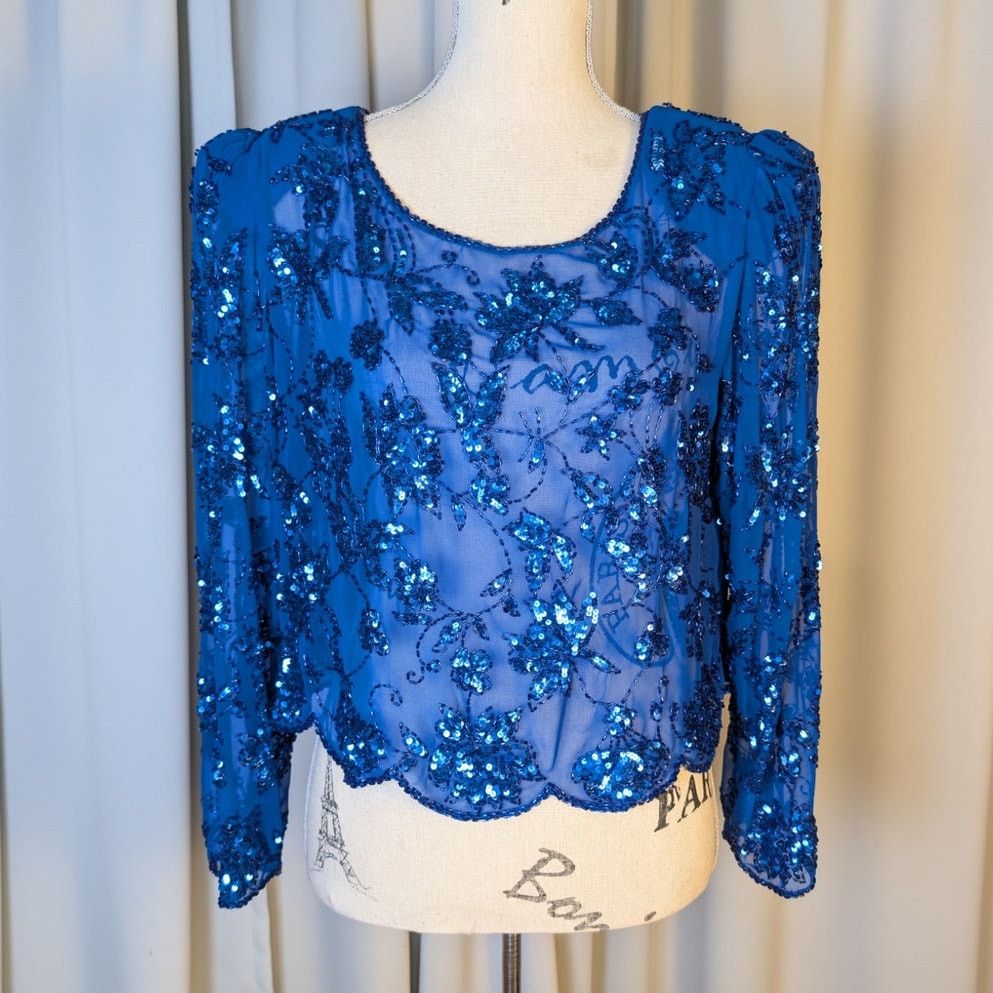 Vintage Vintage 80s Blue Sequin Beaded Silk Sheer Crop Top Floral Size S / US 4 / IT 40 - 17 Thumbnail