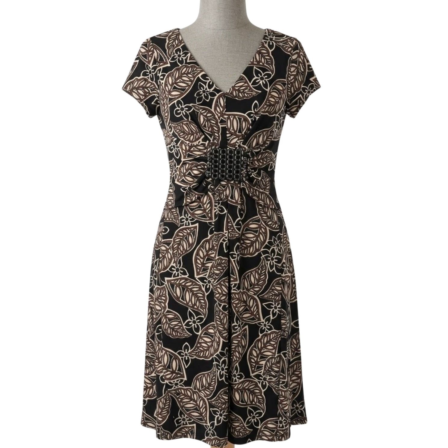 Vintage VINTAGE Perceptions Dress 10 Black Brown Leaf Print V-Neck Beaded Waist Whimsigoth Midi Dress Women Medium Black Size L / US 10 / IT 46 - 2 Thumbnail