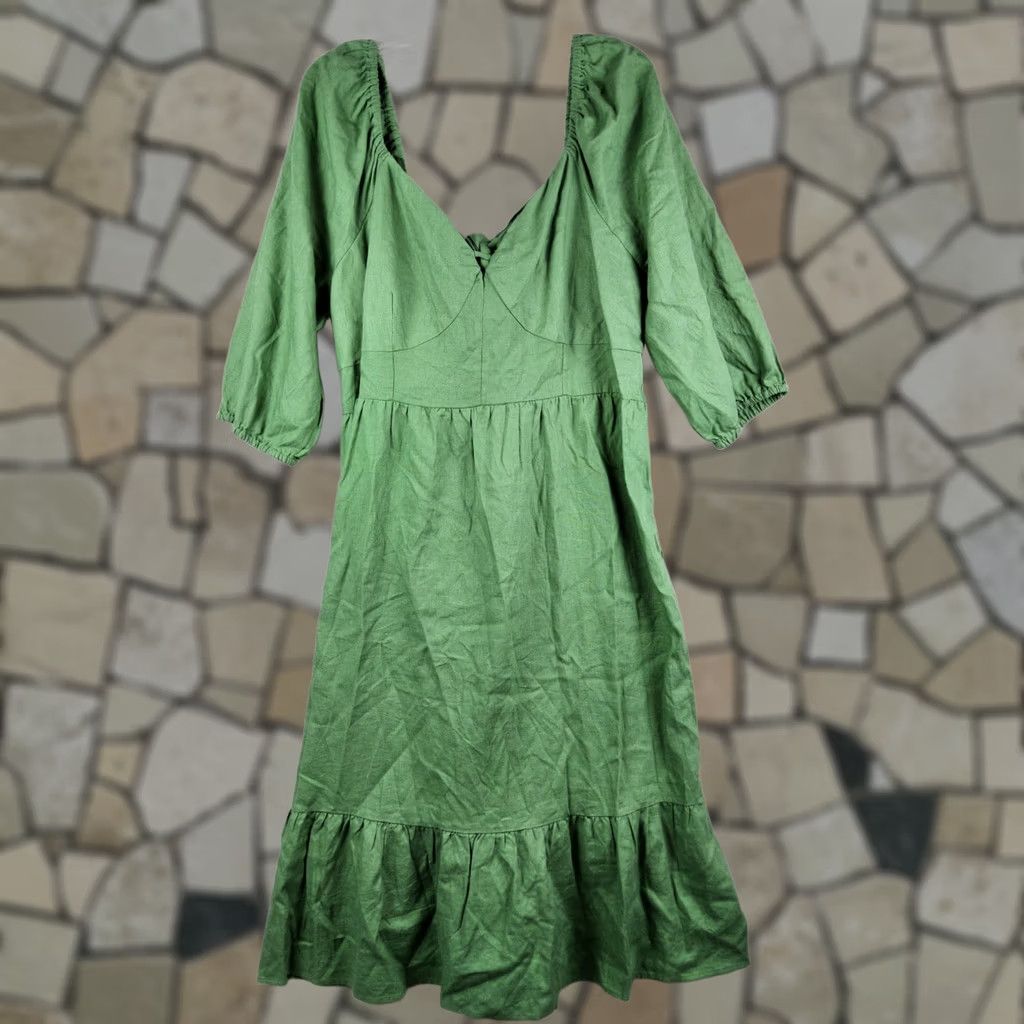 Vintage Monsoon Dress Women's Linen Viscose Tie Back Ruffle Green 16 Casual 3/4 Sleeve Long Size XXL / US 16-18 / IT 52-54 - 1 Thumbnail