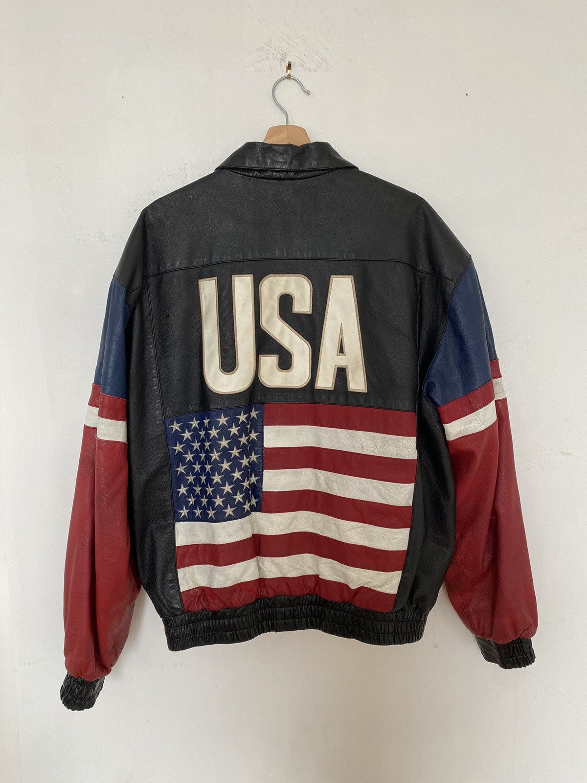 Image of Vintage Usa Flag Leather Jacket in Black, Men's (Size XL)