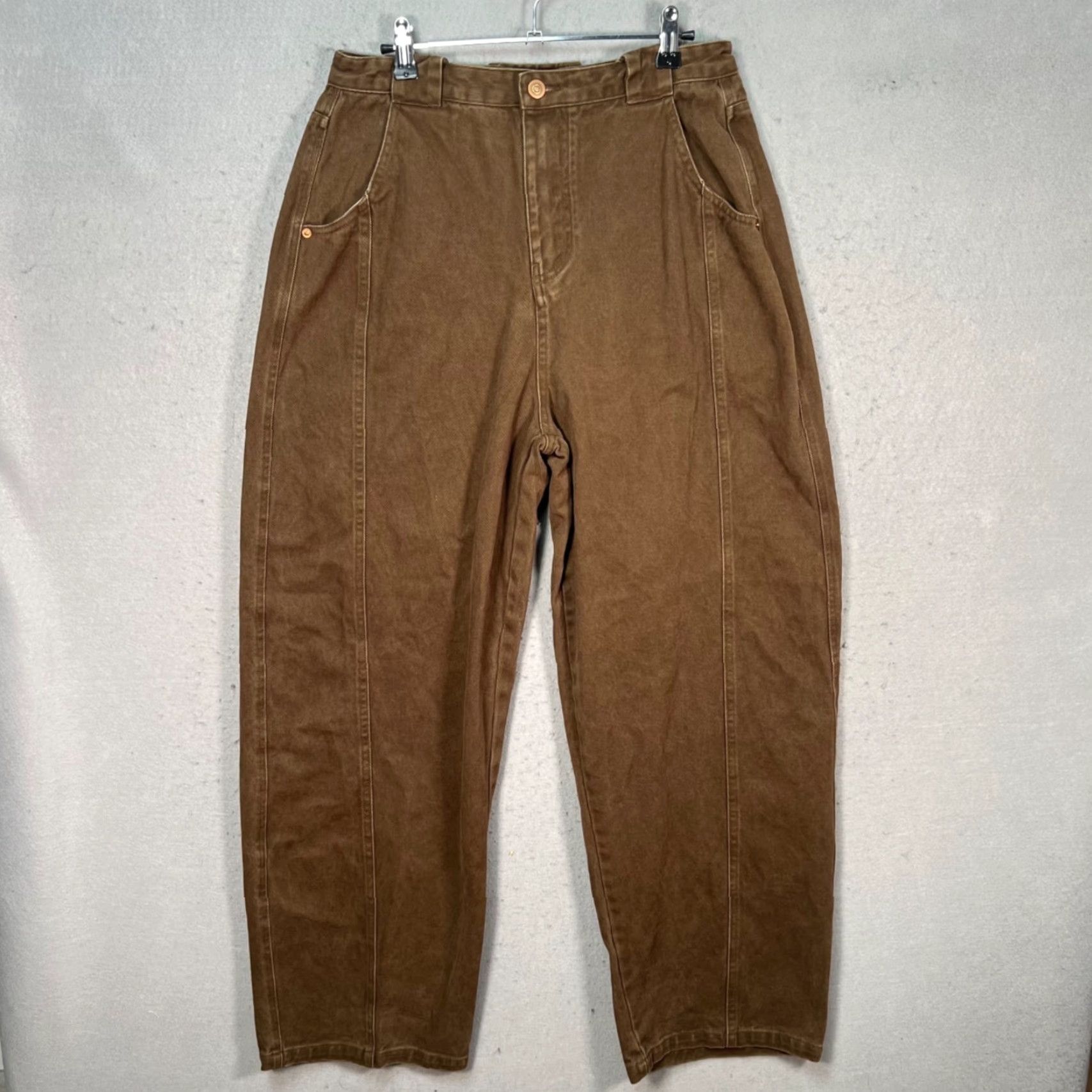 Vintage Yougu Womens Size Large Brown High-Waisted Wide Barrel Leg Pants 100% Cotton Vintage No Size 36" / US 14 / IT 50 - 5 Thumbnail