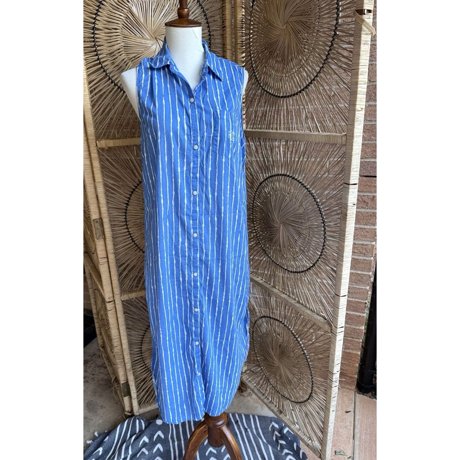 Ralph Lauren VINTAGE? (No) Lauren Ralph Lauren Sleeveless Dress White Blue Stripe Viscose M Woman Knee Length A-Line Size M / US 6-8 / IT 42-44 - 3 Thumbnail
