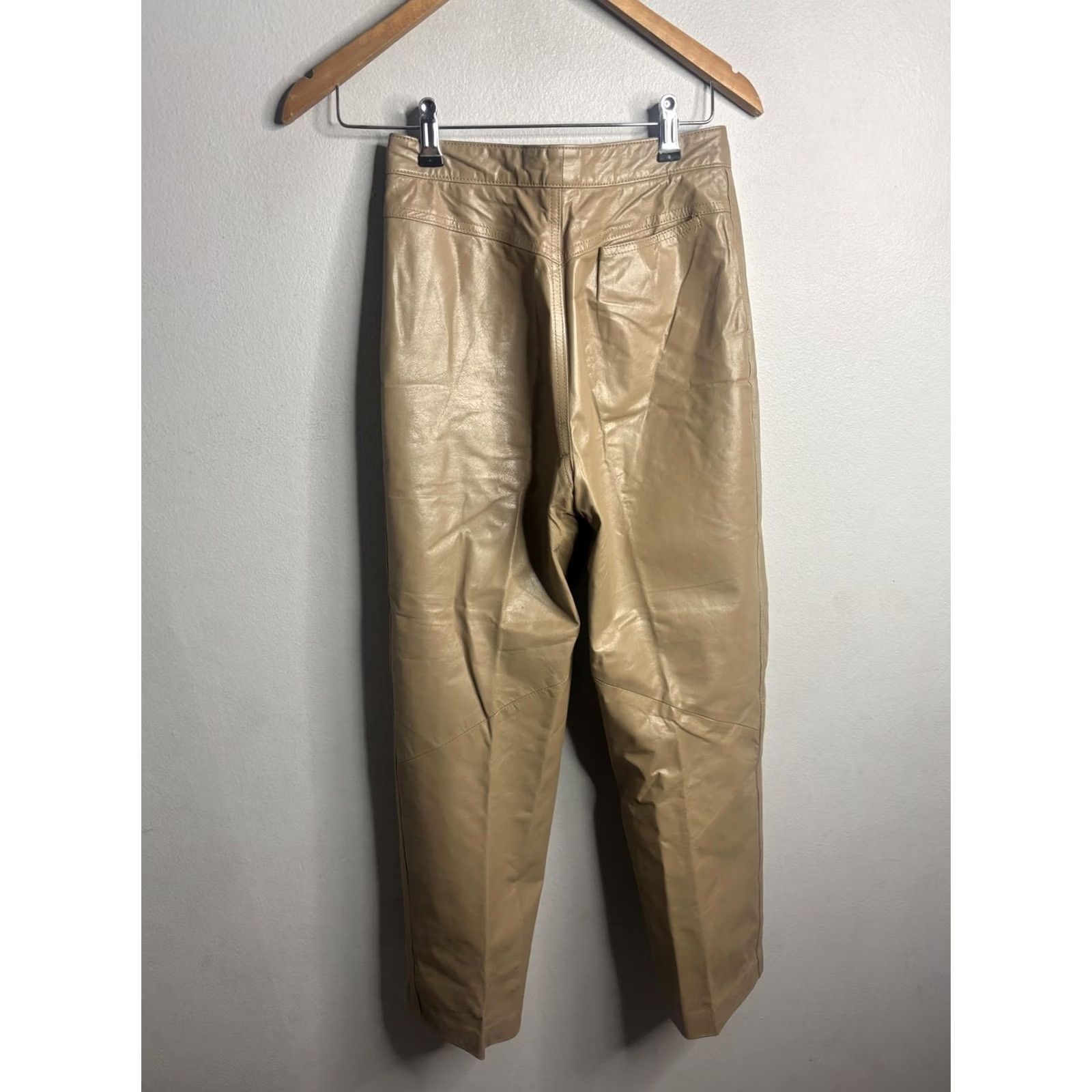 Vintage Vakko Pants Womens 29 Beige Leather Straight Leg Dress Trousers Zip Lined Size 29" - 5 Thumbnail