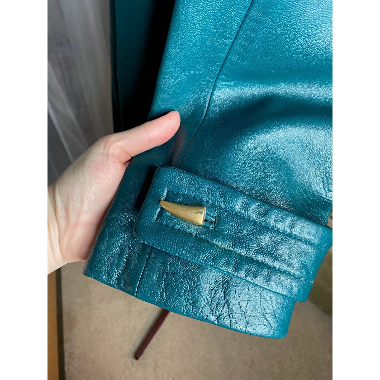 Vintage leather Jacket coat Jaqueline Ferrar teal green blue gold Size US M / EU 48-50 / 2 - 7 Thumbnail