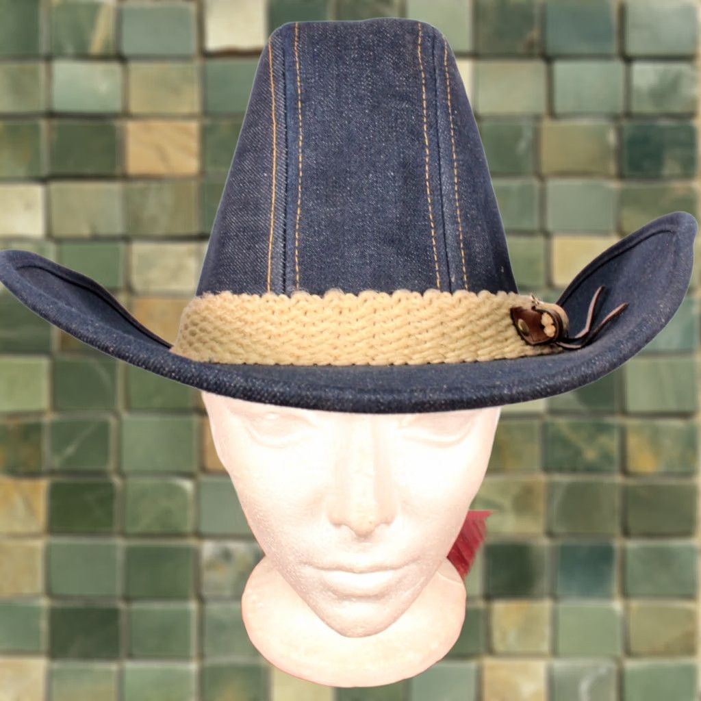 Vintage VTG 70s Hat Men Denim Cowboy Hat Horse Detail Sz M 1970s Blue Cowboy Mens Denim Hat Size ONE SIZE - 1 Thumbnail