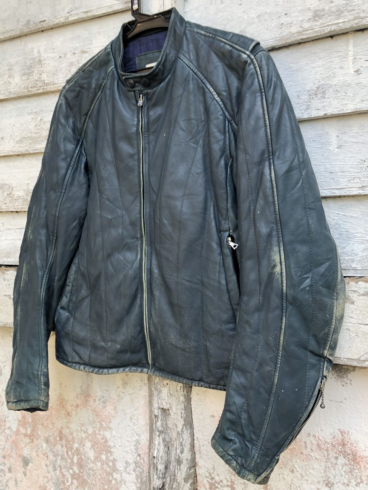 image of Balance Co Dupont Cafe Racer Lamb Leather Jacket Riri Zipper in Blue, Men's (Size Medium)