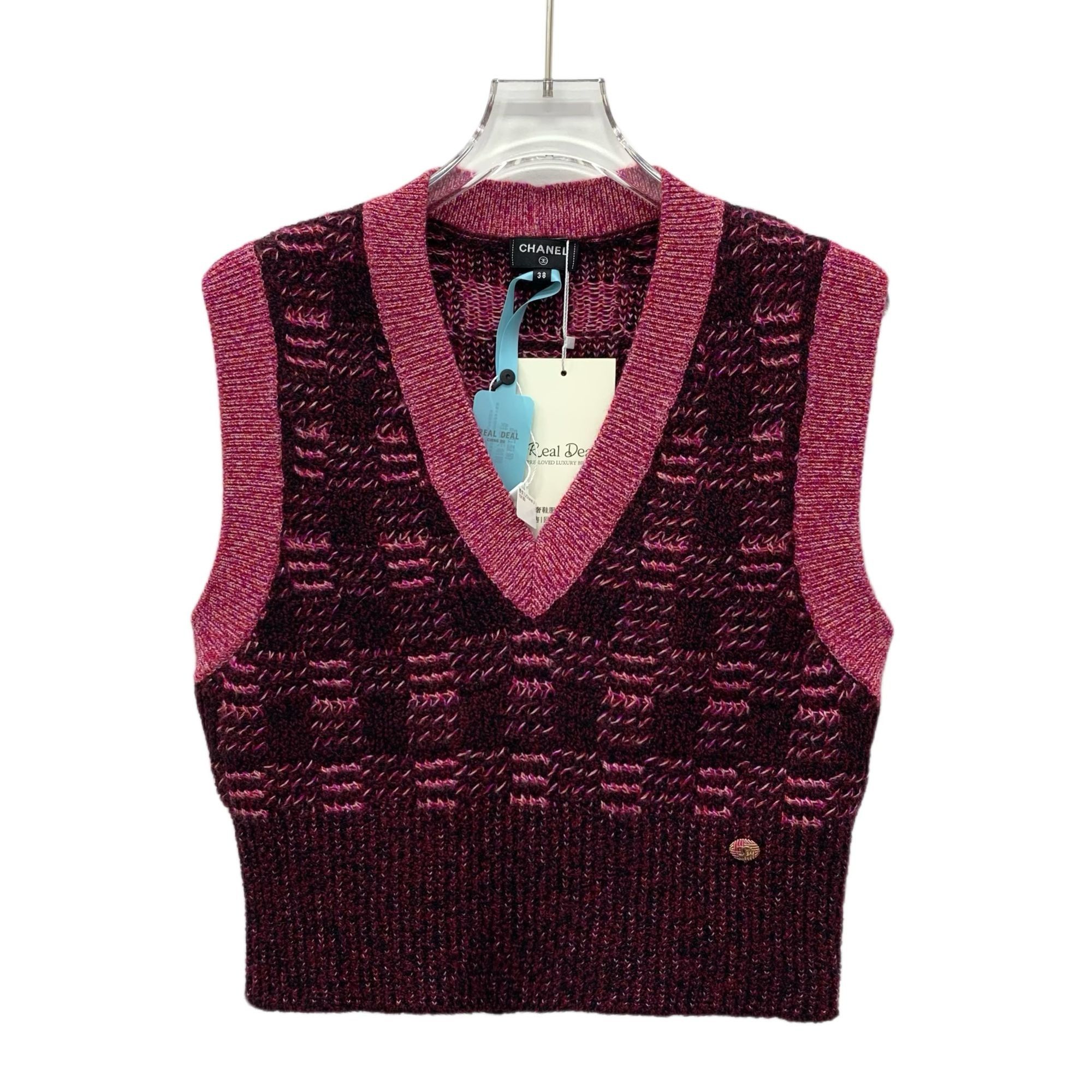 Chanel Chanel Rose Red Checkered Cashmere & Wool Blend V-Neck Knitt Size S / US 4 / IT 40 - 1 Thumbnail