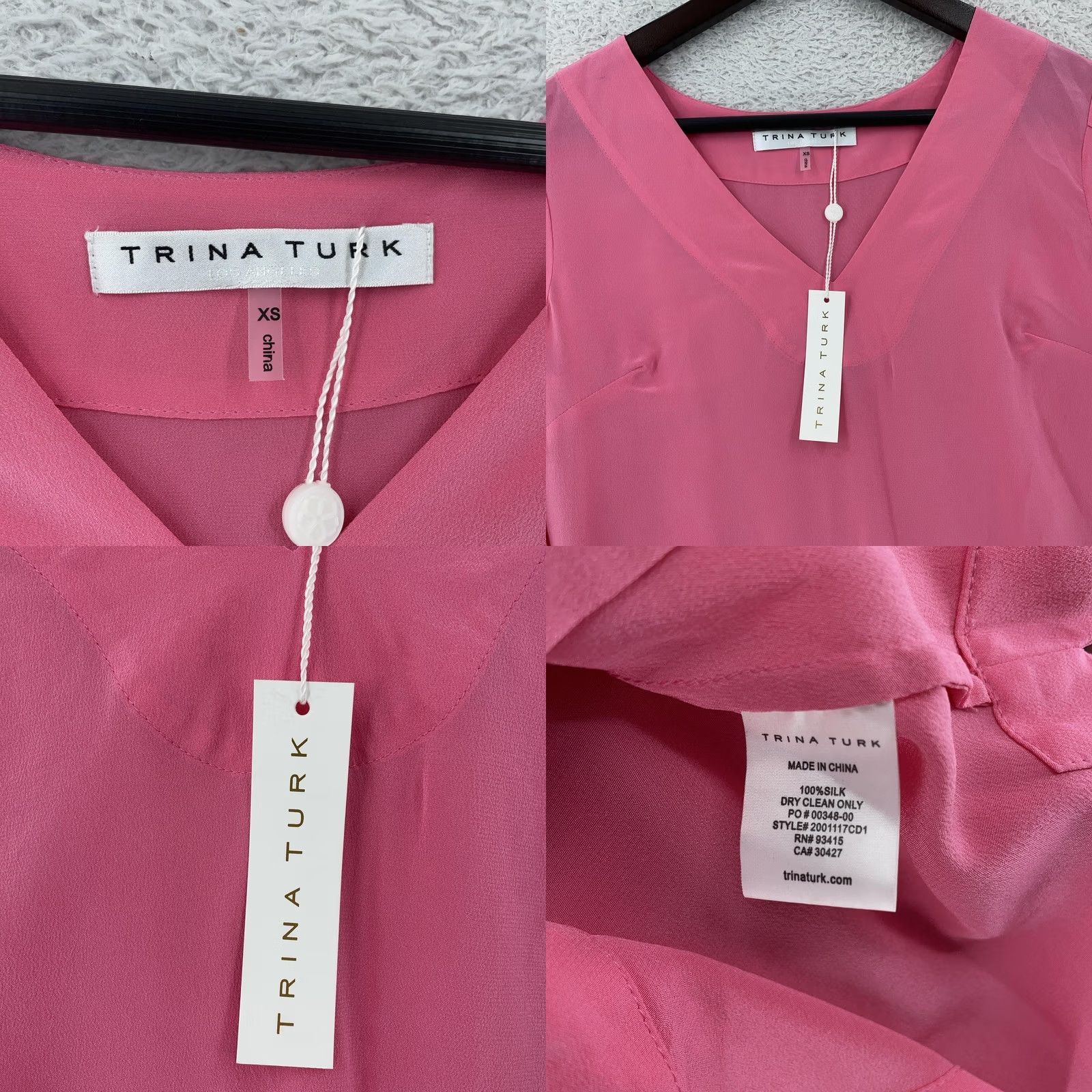 Trina Turk Trina Turk Blouse Womens XS Pink Solid Silk Regular Fit Long Sleeve V Neck Top Size XS / US 0-2 / IT 36-38 - 8 Thumbnail