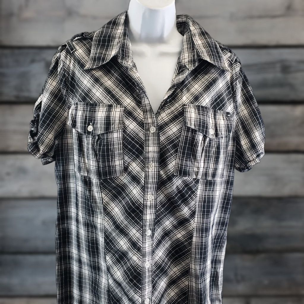 Norma Kamali VINTAGE Norma Kamali Womens Button Front Shirt Sz 2XL Black White Plaid Short Sleeve Mens Size XXL / US 16-18 / IT 52-54 - 1 Thumbnail