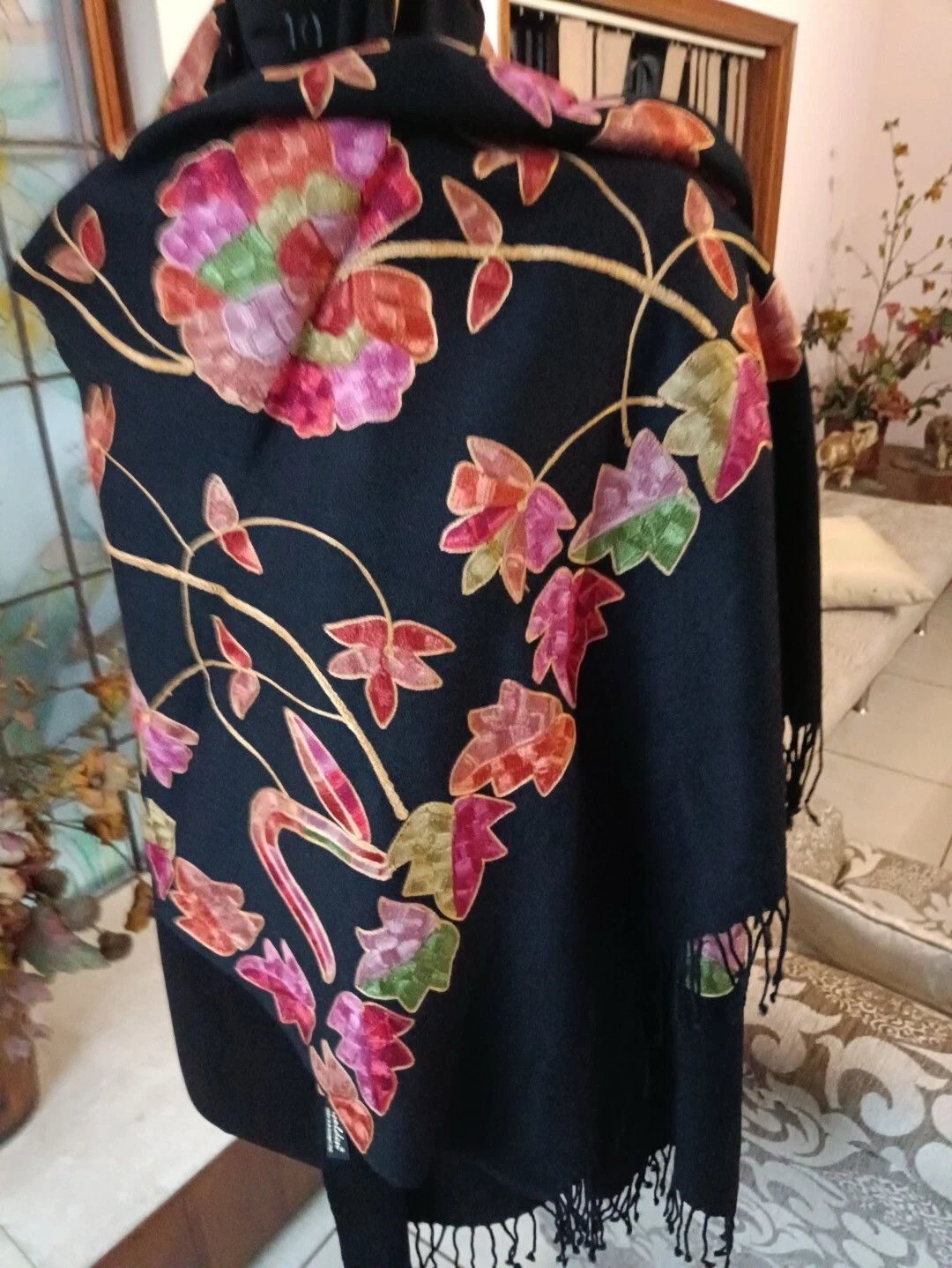 Other Cashmere Vibrant Hand Embroidered Floral Scarf Kashmiri Size ONE SIZE - 2 Thumbnail