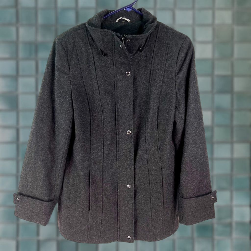 Calvin Klein Womens Jacket Size 10 Black Wool Blend Collared Long Sleeves Fleece Solid Classic