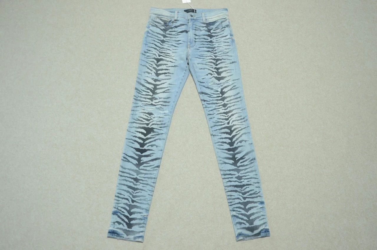 Amiri Amiri Blue Tiger Stripe Wash Distressed Jeans Size US 33 - 1 Thumbnail