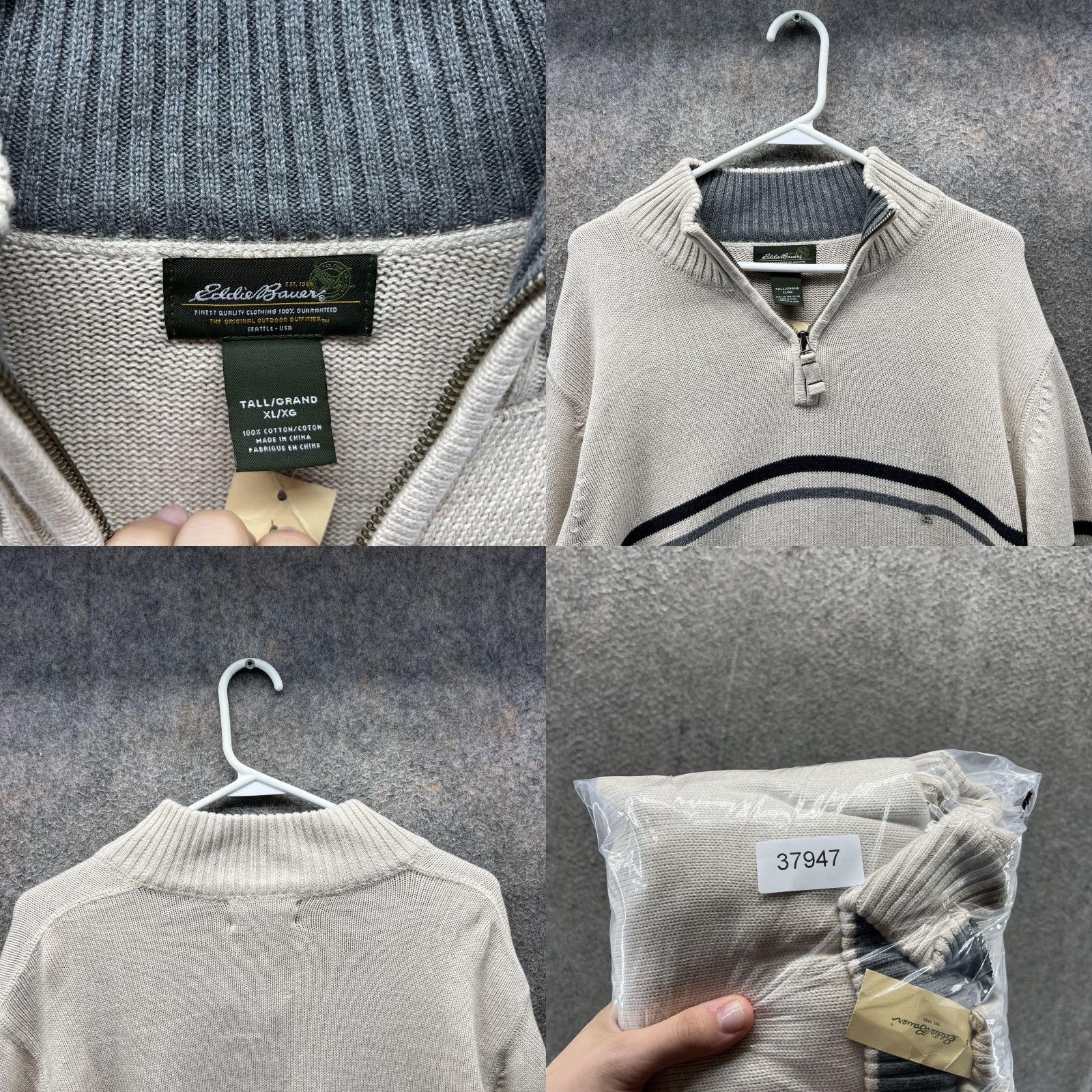 Eddie Bauer VINTAGE Eddie Bauer Pullover Sweater Mens XL Tall Beige Quarter Zip Stripes Size US XL / EU 56 / 4 - 8 Thumbnail