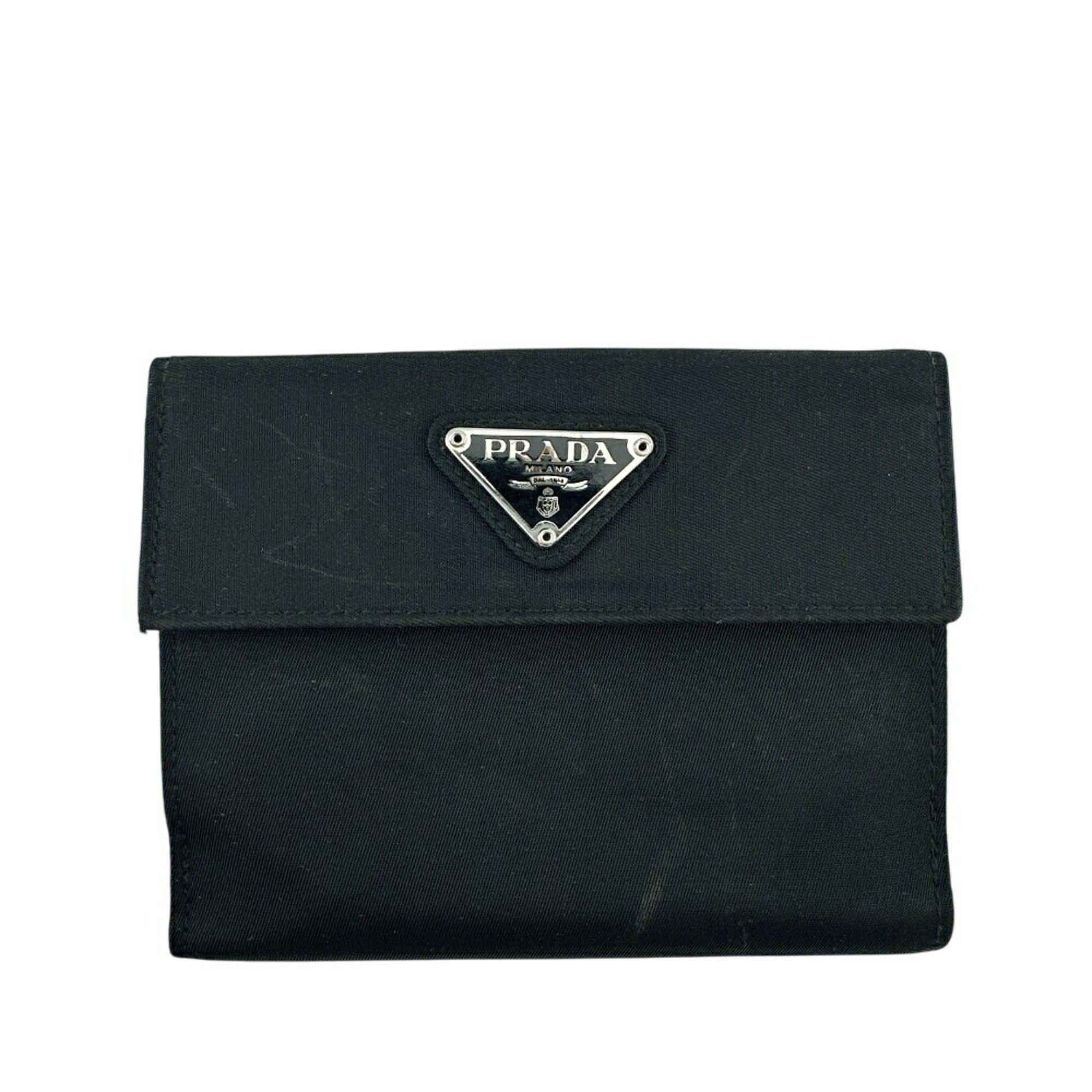 Prada PRADA M523 Triangle Plate W Tessuto Bi-fold Wallet Black Unisex Size ONE SIZE - 1 Thumbnail